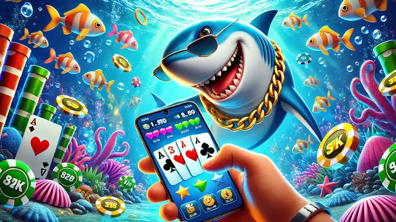 Layar permainan tembak ikan dengan target laut dan kontrol meriam